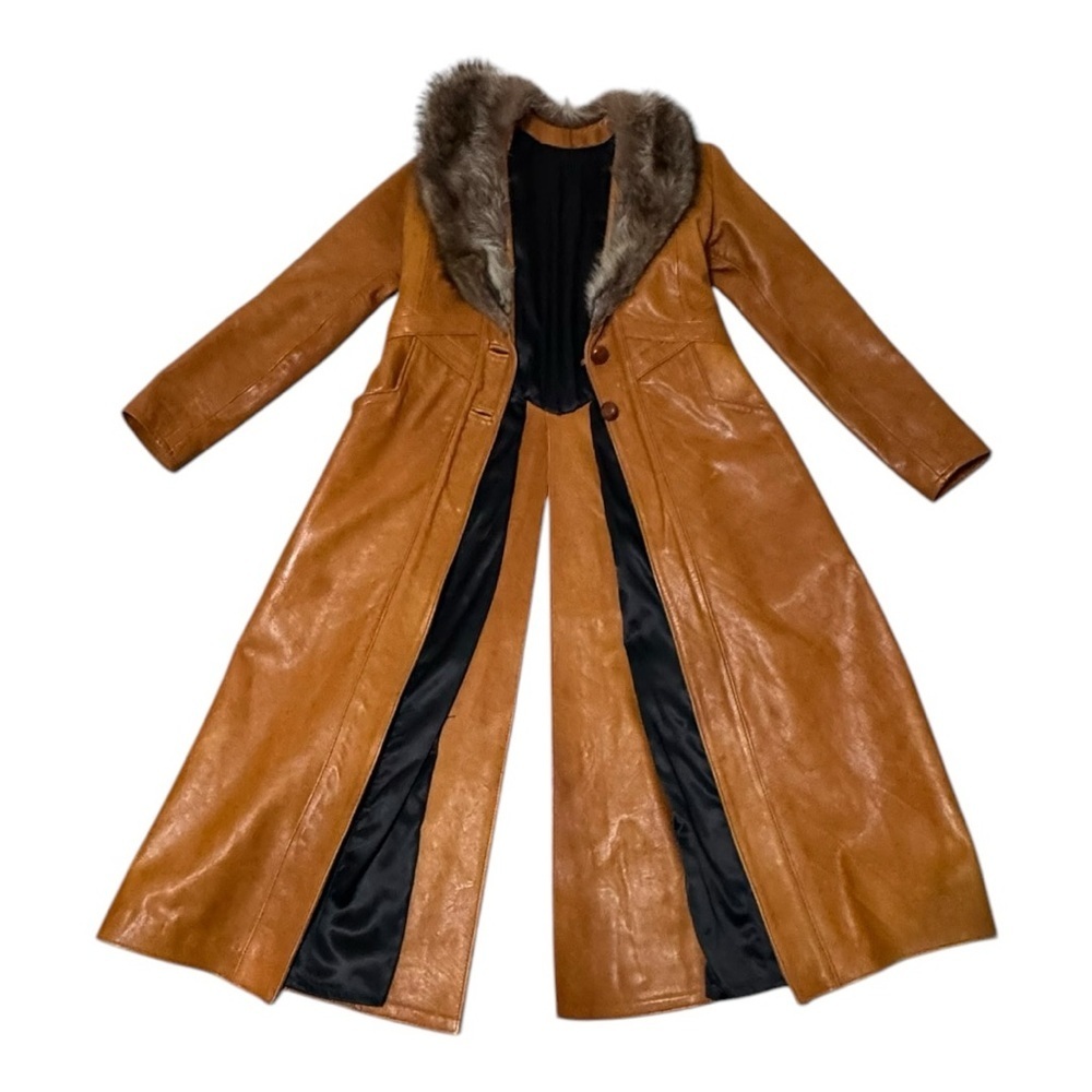 VINTAGE Mango Road Inc Leather Fur Jacket Trench Coat Long Penny Lane XS S Brown - Picture 3 of 14